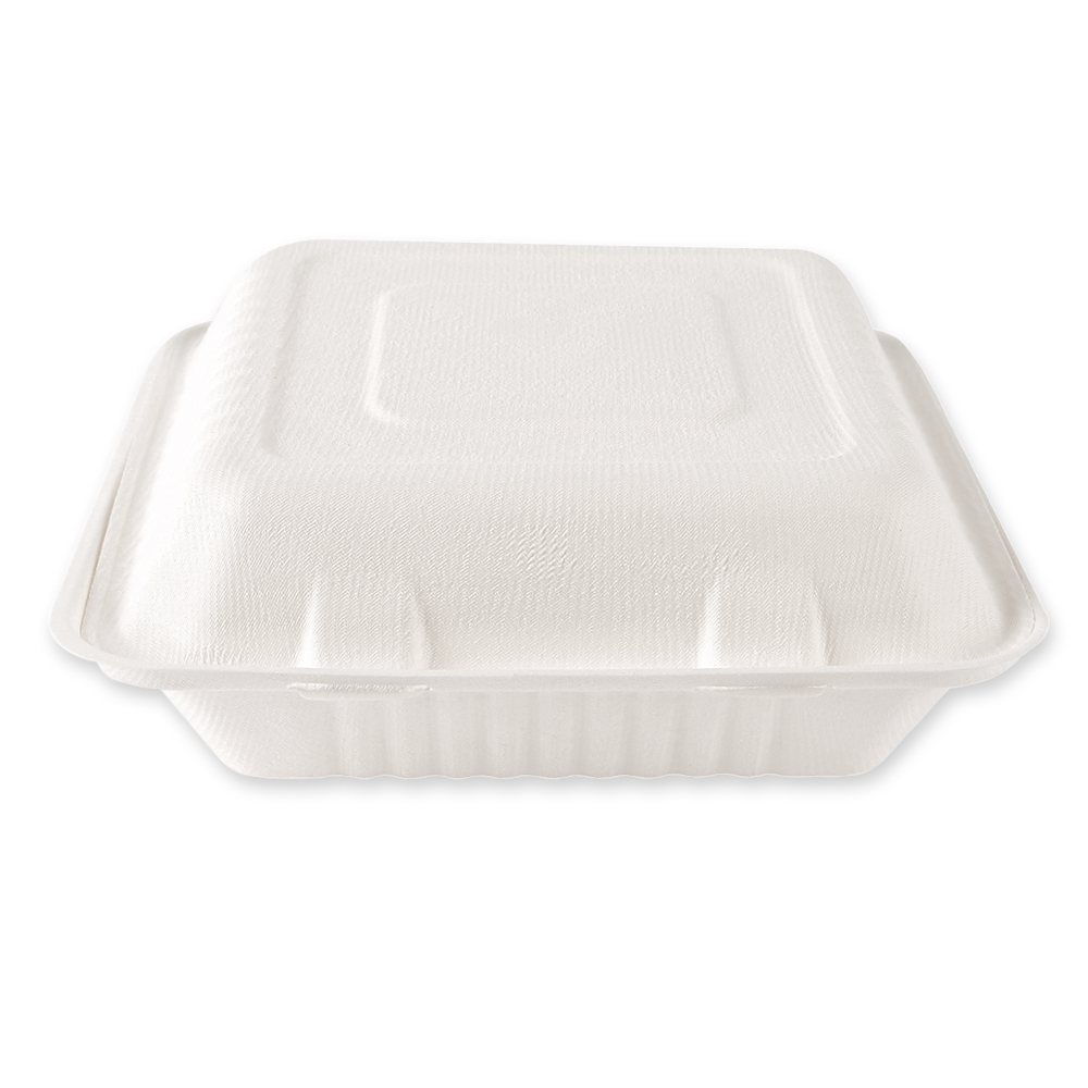 Organic menu boxes with hinged lid, 3-compartments, made from bagasse, closed