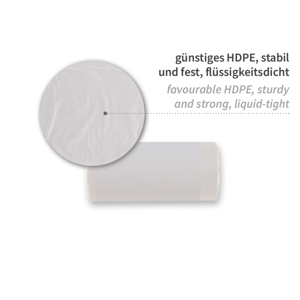 Müllbeutel für Kosmetikeimer, 10 l | HDPE, Rolle, Seitenansicht Müllbeutel für Kosmetikeimer, 10 l aus HDPE auf Rolle, Seitenansicht
