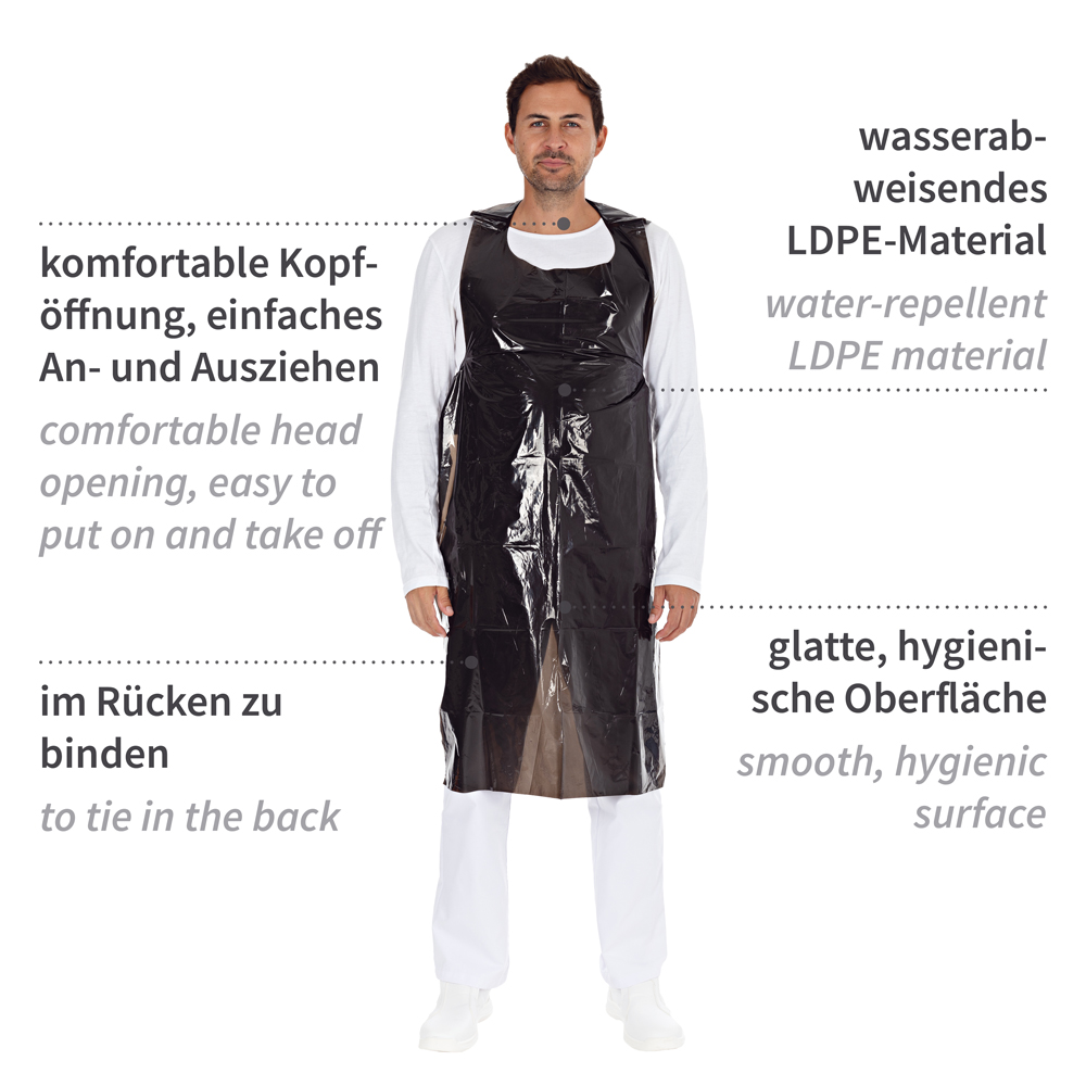 Disposable aprons on roll, 35my made of LDPE in the front view with description in black