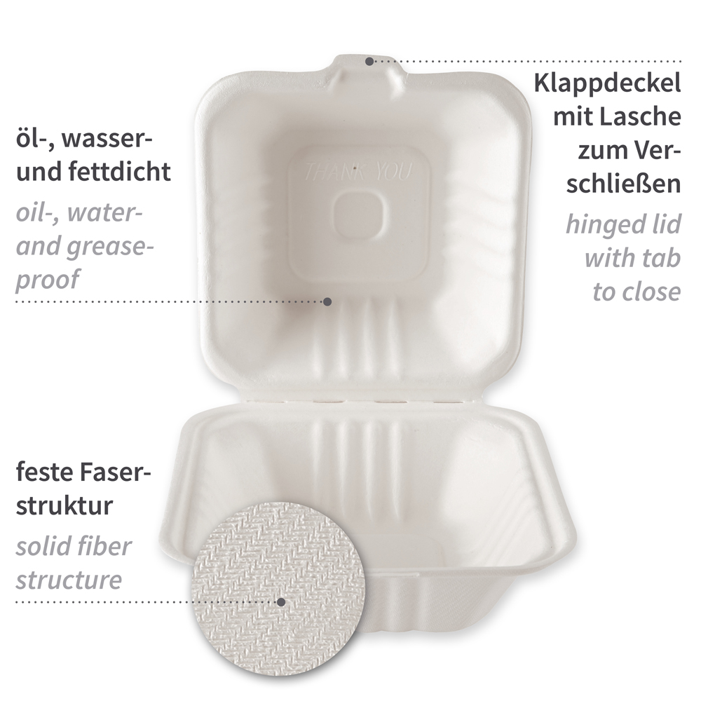 Organic hamburger boxes with hinged lid made of bagasse in white with description