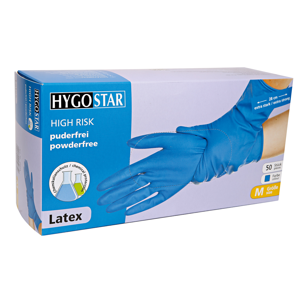 Chemical protection gloves High Risk made of latex in blue in the dispenser box