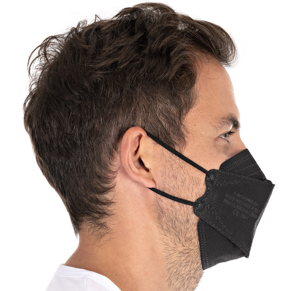 Respirators FFP2 NR, vertically foldable, ear loops made of PP as small pack in black in the side view
