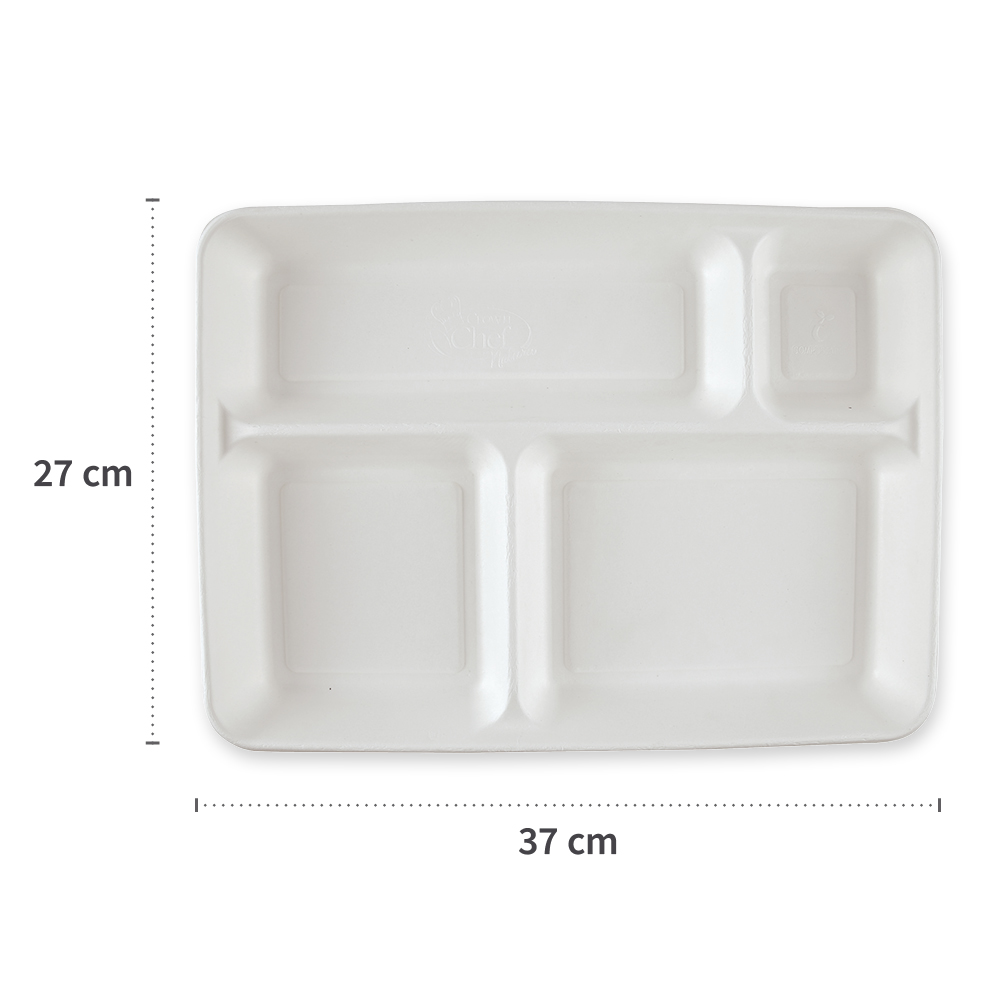 Organic menu tray, 4-compartments, rectangular made of bagasse with measure