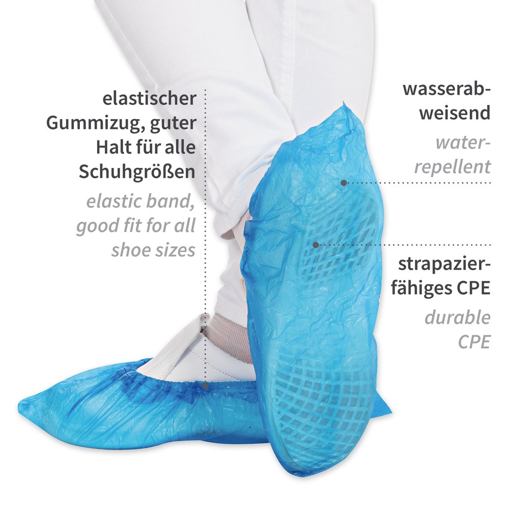 Overshoes from CPE in the front view with description in blue