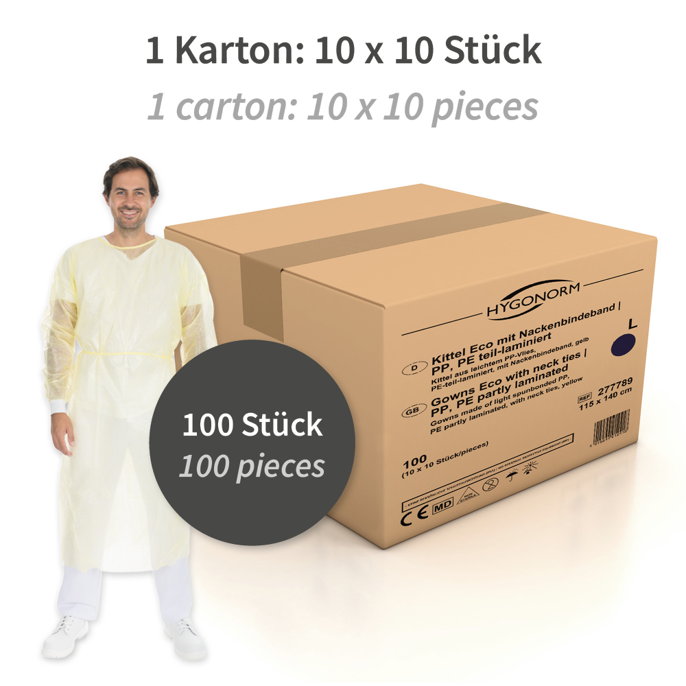 Kittel Eco mit Nackenbindeband aus PP, PE teil-laminiert in gelb mit Karton