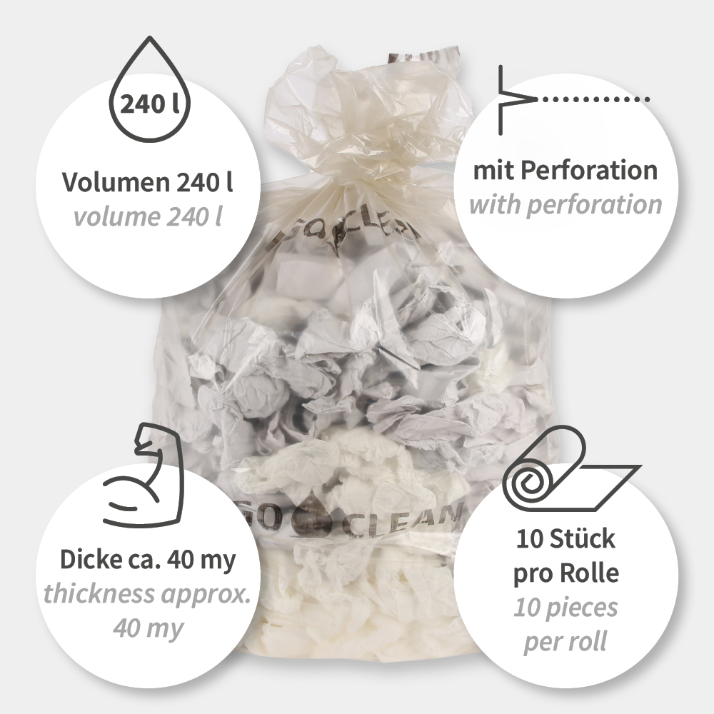 Waste bags Light, 240 l | LDPE, roll, transparent, properties Waste bags Light, 240 l made of LDPE on roll in transparent with properties
