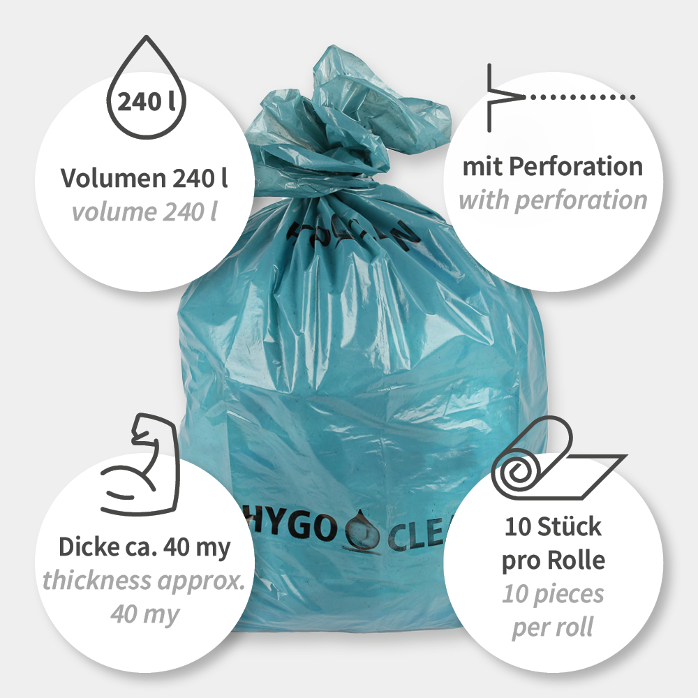 Waste bags Light, 240 l | LDPE, roll, front view Waste bags Light, 240 l made of LDPE, on roll, front view