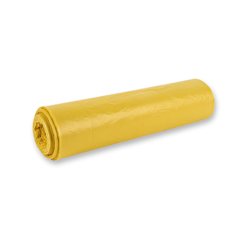 Waste bags Premium, 70 l | HDPE, roll, yellow, oblique view Waste bags Premium, 70 l made of HDPE on roll in yellow in the oblique view