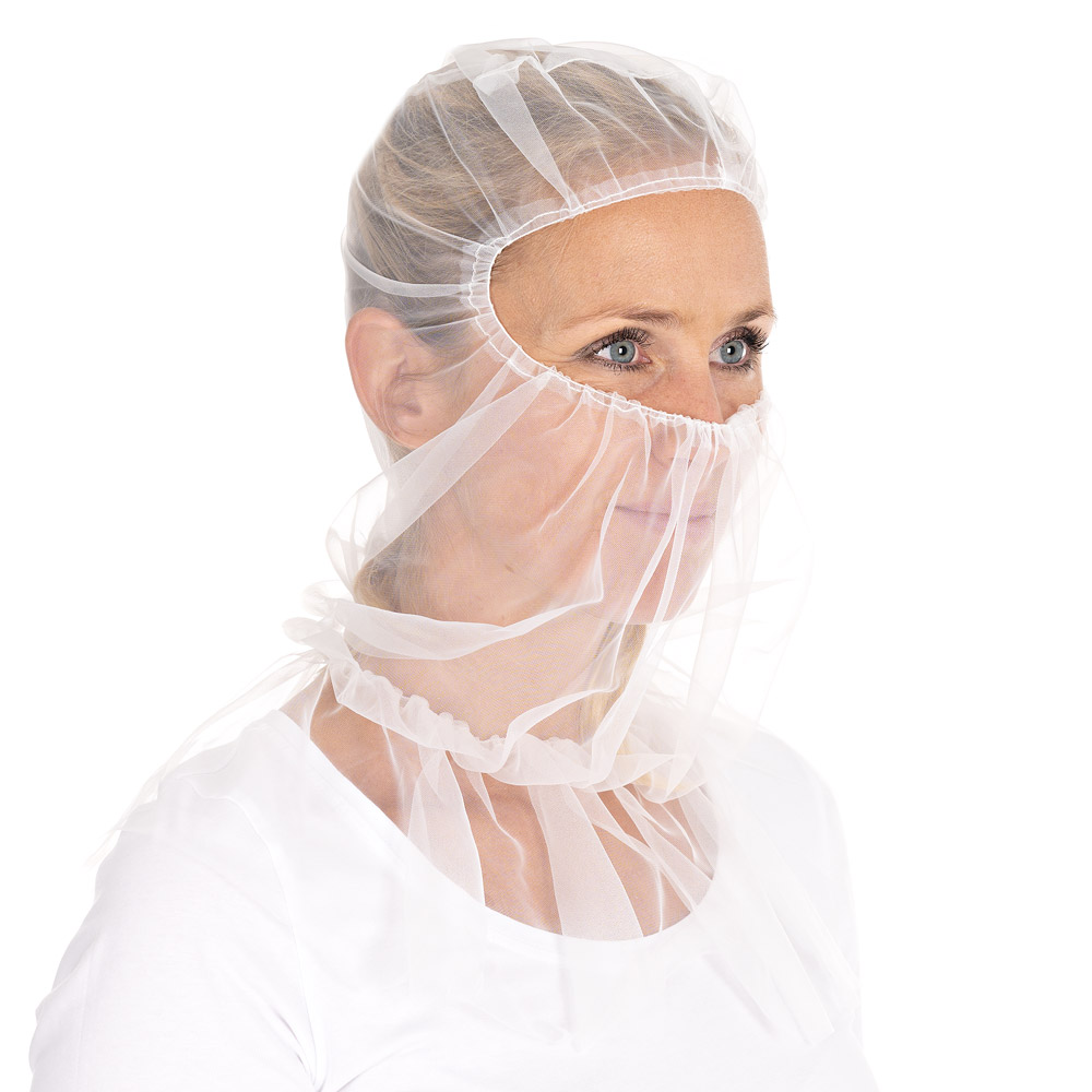 Astrohauben Micromesh mit Cape | Nylon, weiß, Schrägansicht, über Nase Astrohauben Micromesh mit Cape aus Nylon in weiß in der Schrägansicht über der Nase
