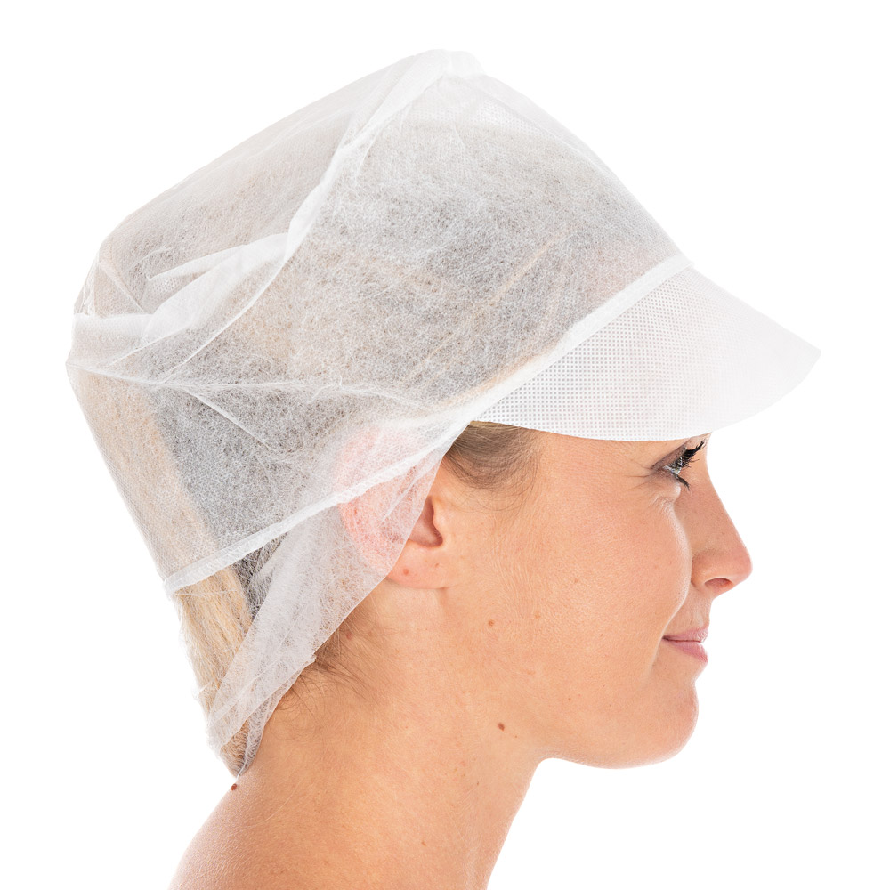 Schirmmützen mit Haarnetz Eco | PP, weiß, Seitenansicht Schirmmützen mit Haarnetz Eco aus PP in weiß in der Seitenansicht