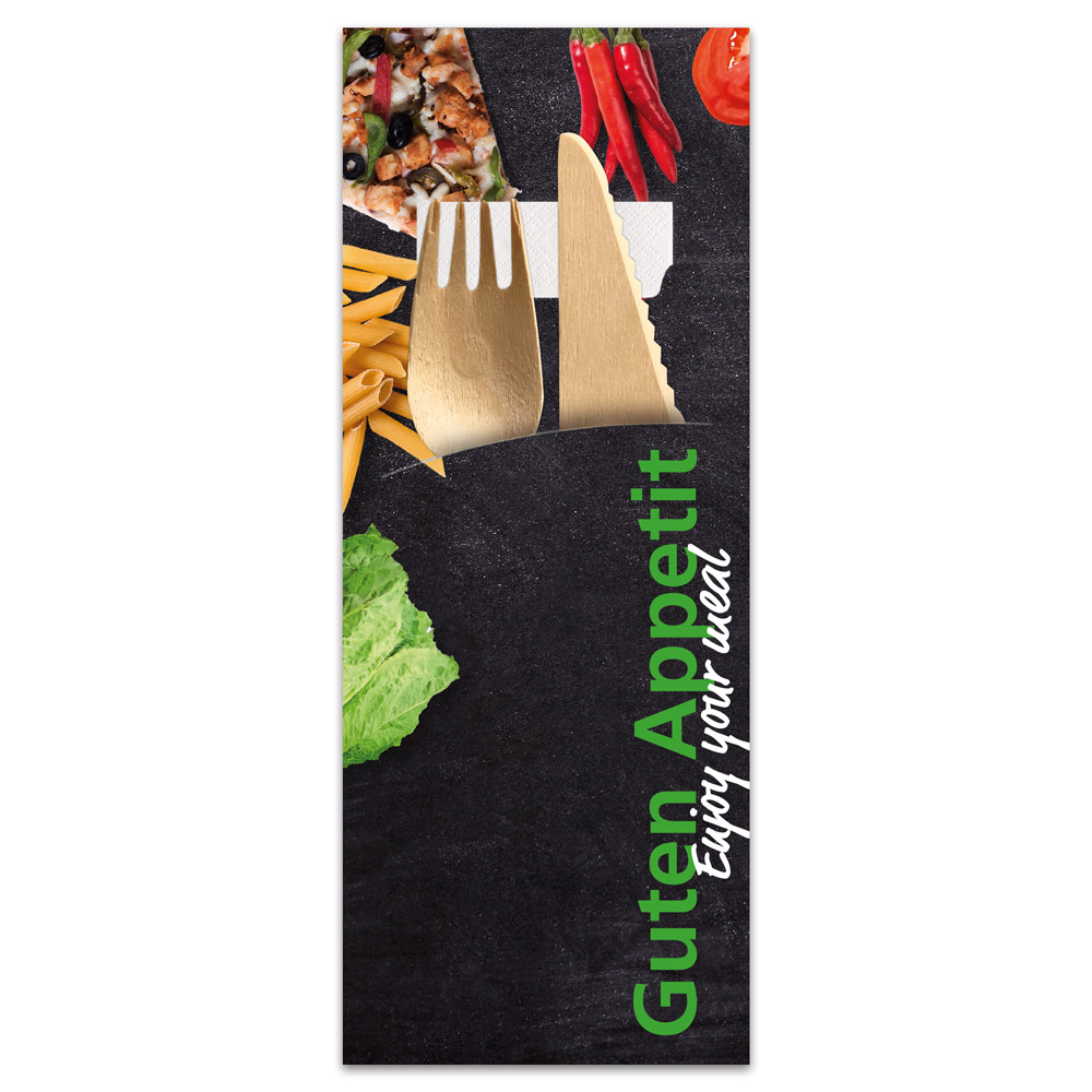 Cuterly Pouches "Design" made of Paper, FSC®-certified in black with cutlery and napkin in white