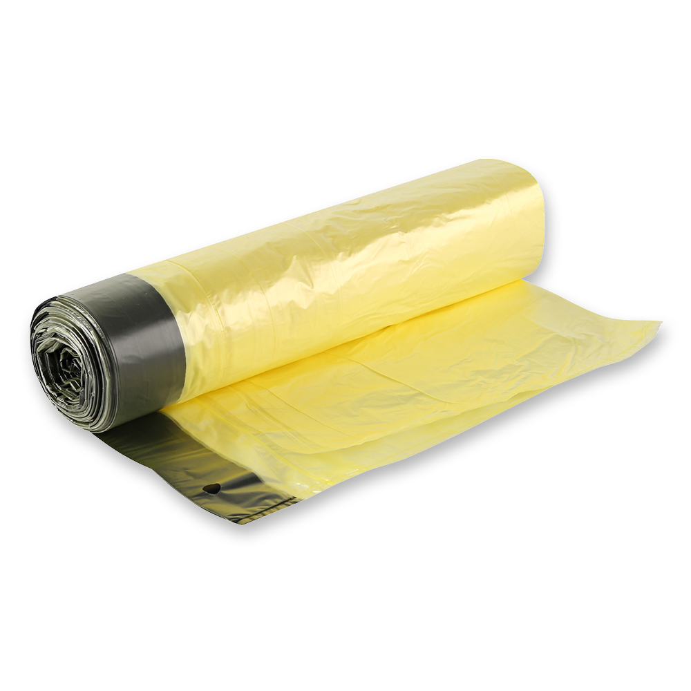 Garbage bags with drawstring, 60l made of HDPE on roll in yellow-black in the oblique view
