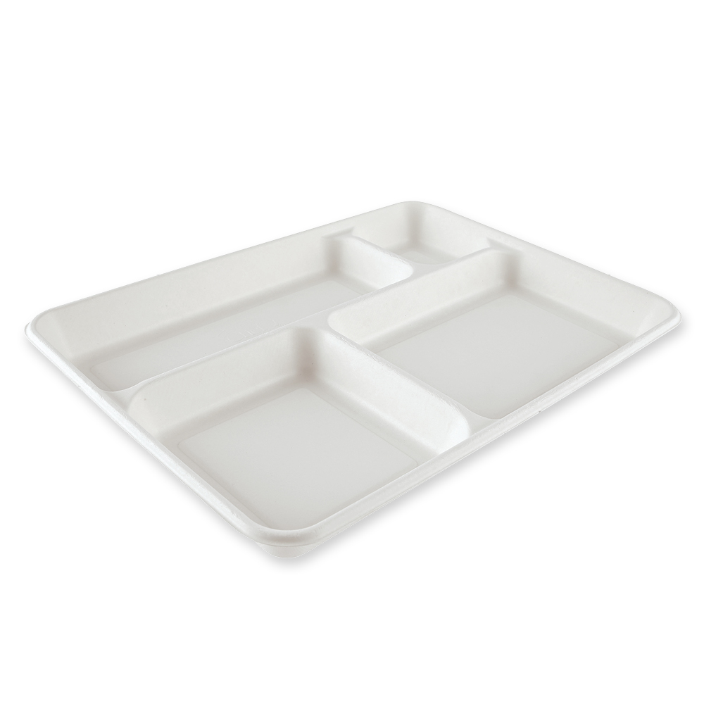Organic menu tray, 4-compartments, rectangular made of bagasse in the oblique view