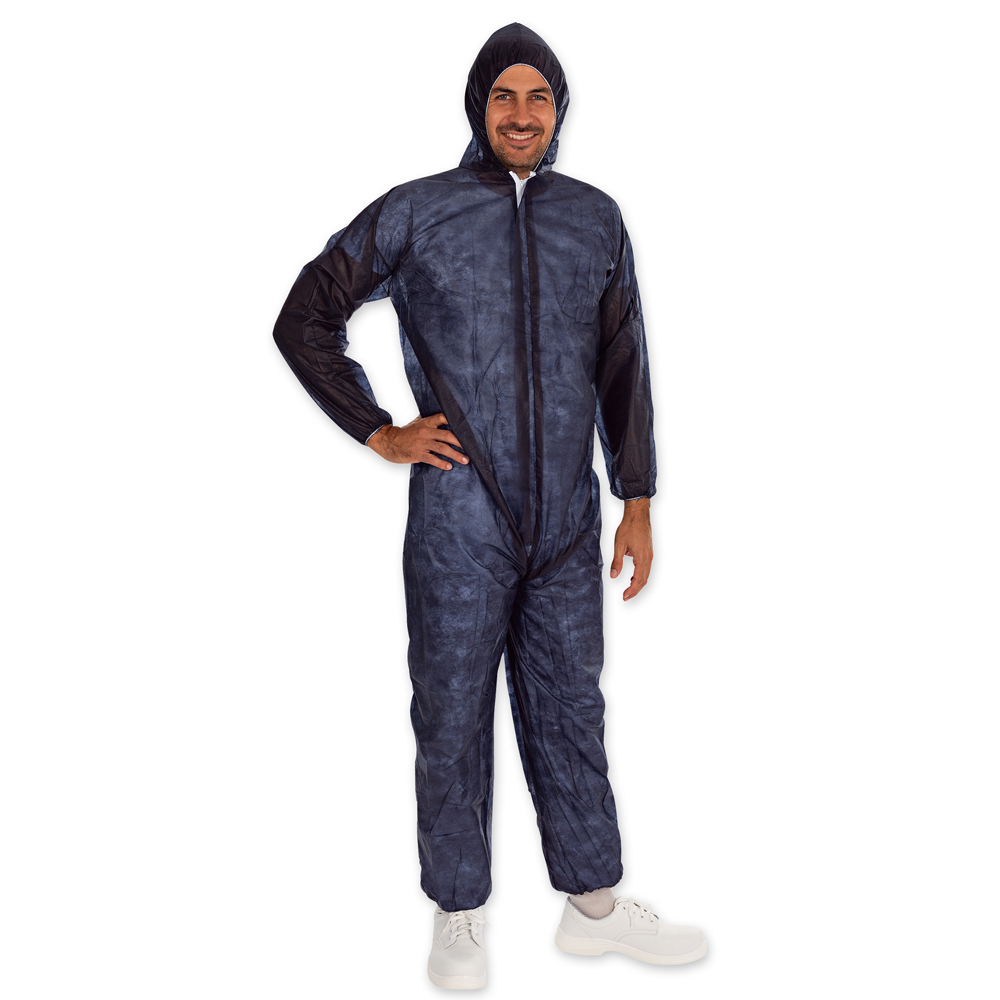 Coveralls Light with hood made of PP, front view, darkblue