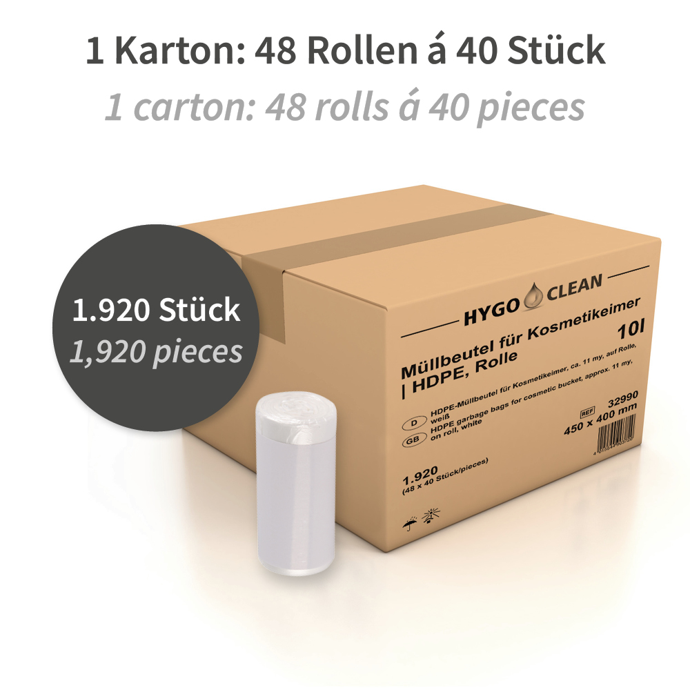 Müllbeutel für Kosmetikeimer, 10 l | HDPE, Rolle, transparent, Verpackung Müllbeutel für Kosmetikeimer, 10 l aus HDPE auf Rolle in transparent mit Verpackung