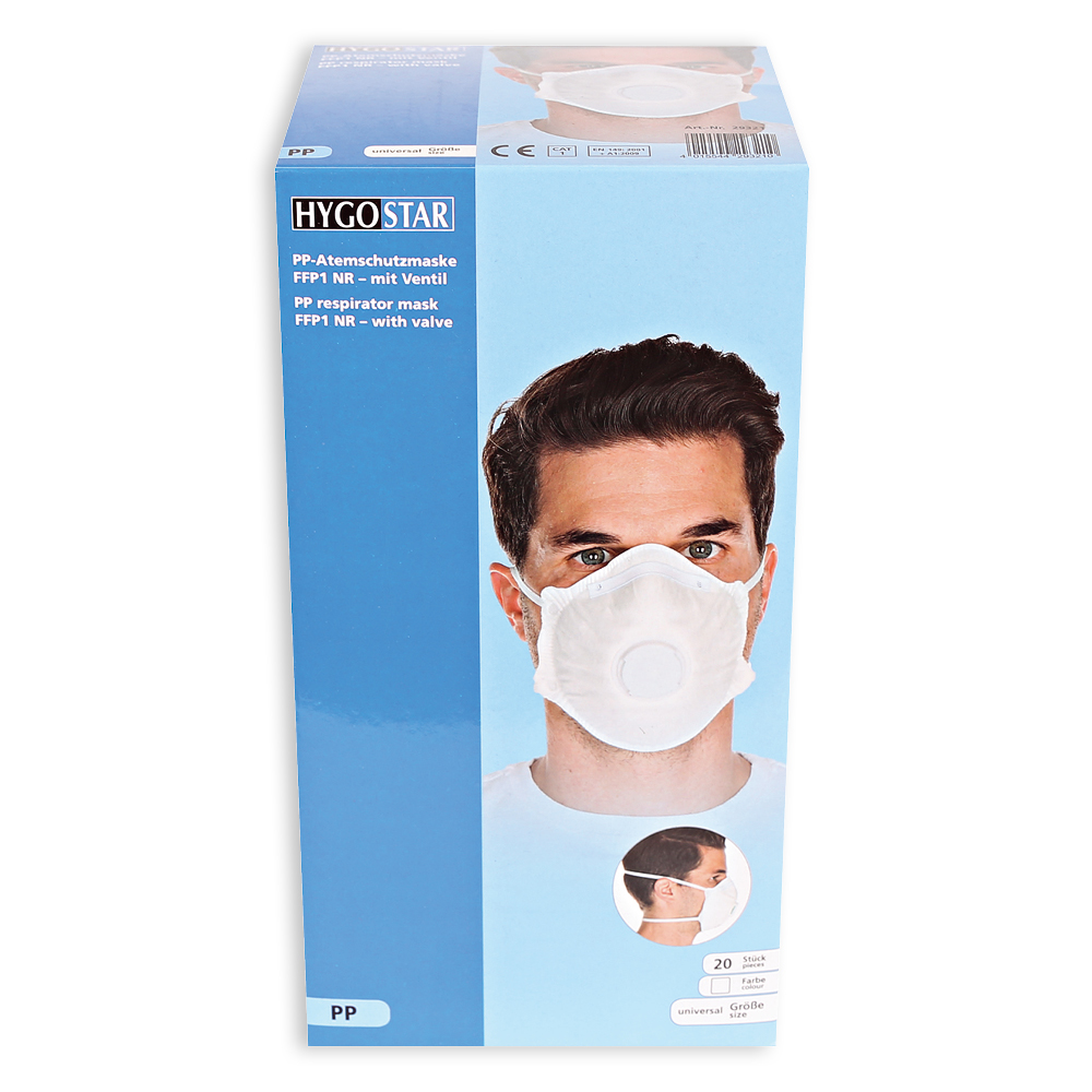 Atemschutzmasken FFP1 NR mit Ventil vorgeformt aus PP in weiß in der Verpackung