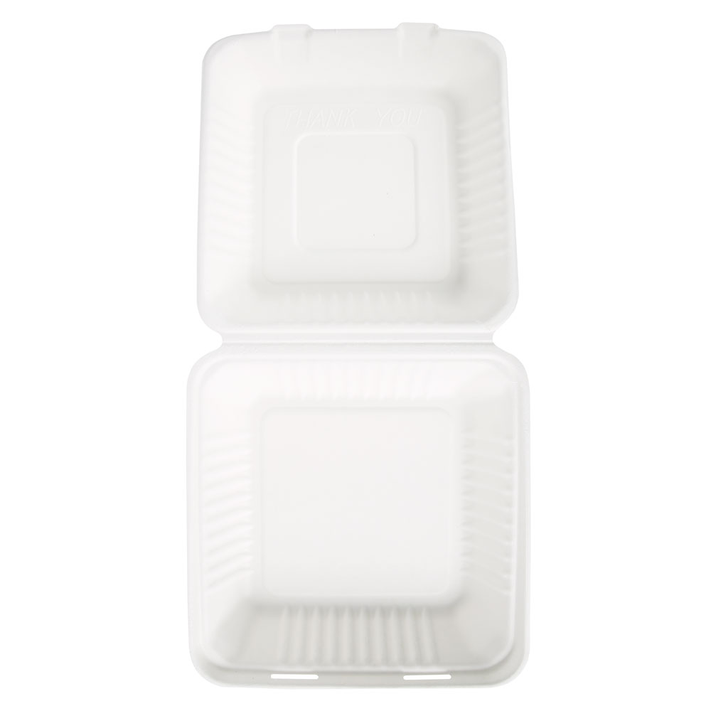 Organic menu boxes with hinged lid made of bagasse, 23 cm long and open