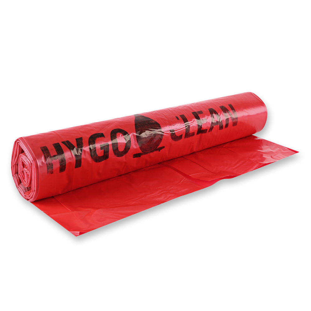 Waste bags Eco, 120 l made of LDPE on roll in red in the oblique view