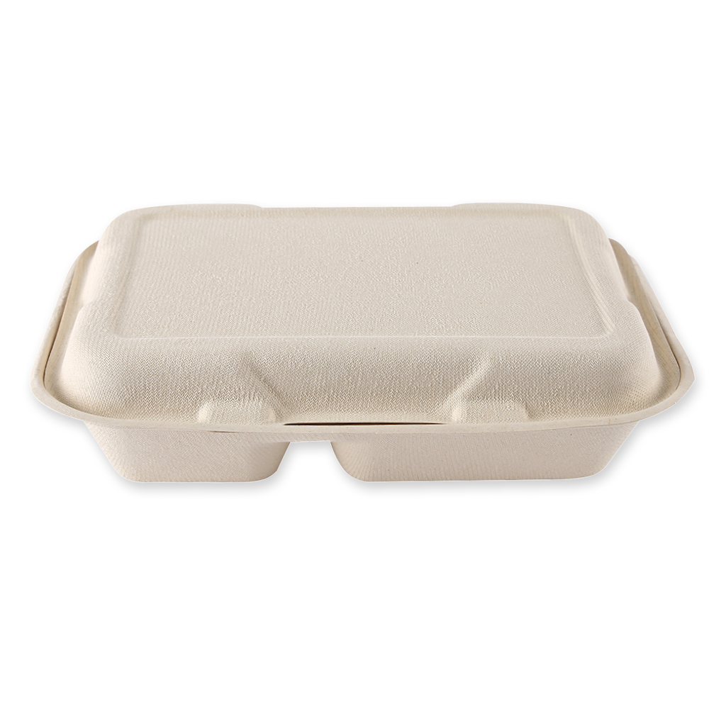Organic menu boxes with hinged lid, 2-compartments made of bagasse, with closed lid
