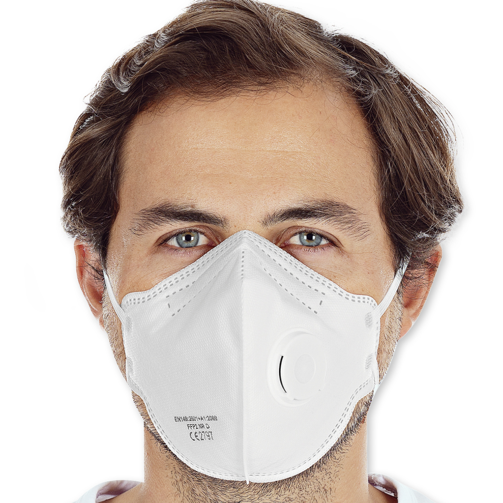 Respirators FFP2 NR with valve vertically foldable made of PP in the front view