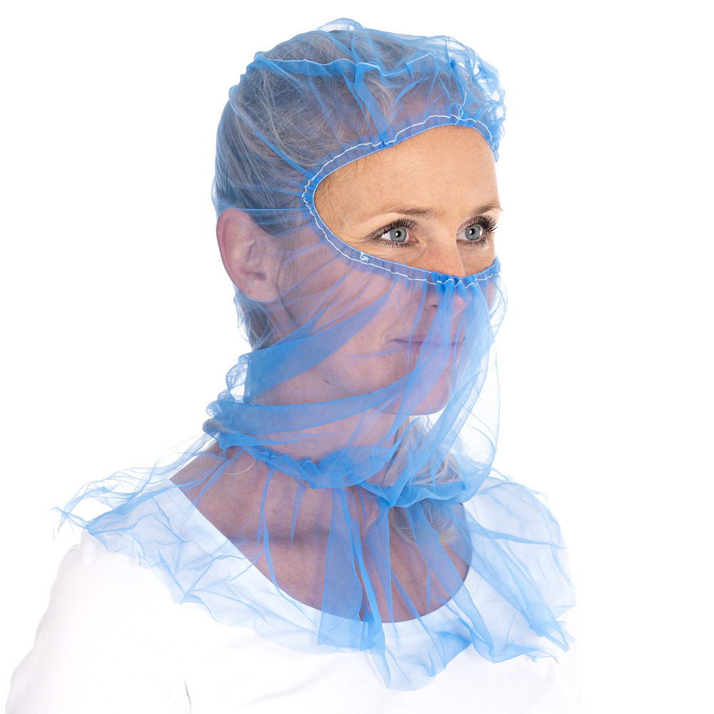 Astrohauben Micromesh mit Cape | Nylon, blau, Schrägansicht, über Nase Astrohauben Micromesh mit Cape aus Nylon in blau in der Schrägansicht über der Nase