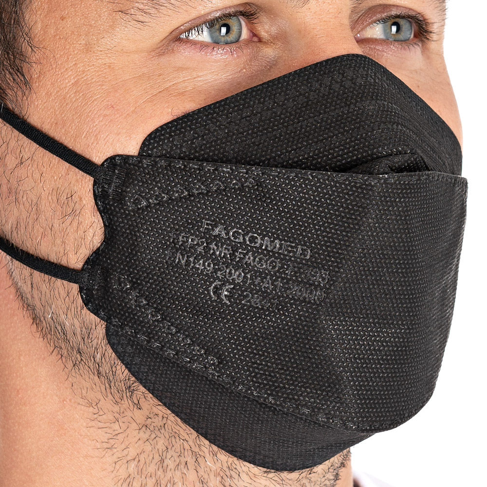 Respirators FFP2 NR, vertically foldable, ear loops made of PP as small pack in black in the close view