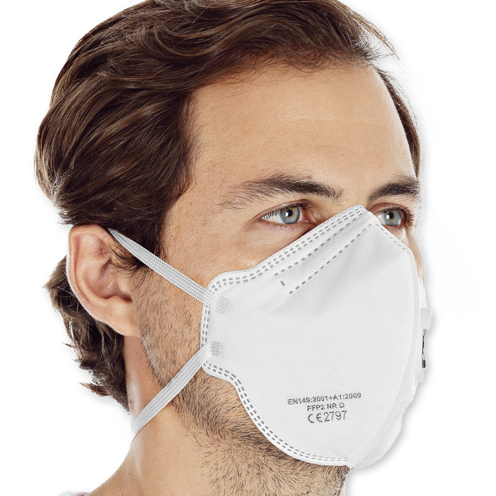 Respirators FFP2 NR with valve vertically foldable made of PP in the oblique view to the right