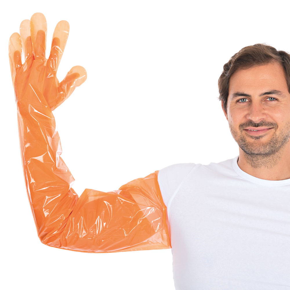 LDPE-Handschuhe Softline Long in orange mit glatter Oberfläche