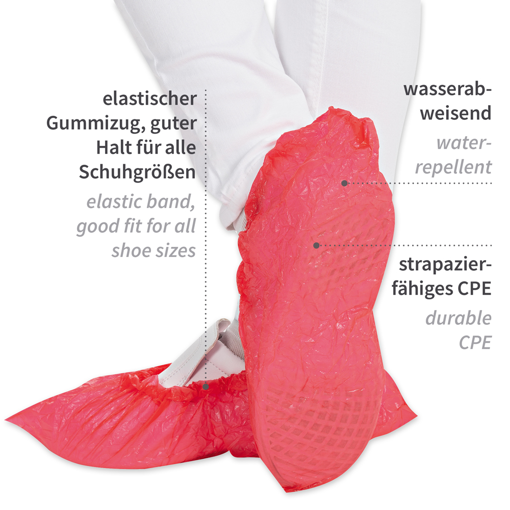 Overshoes from CPE in the front view with description in red 