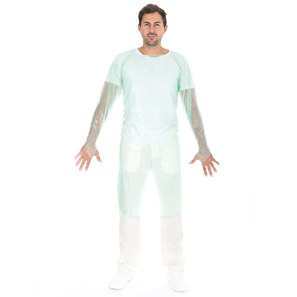 Examination gowns made of CPE in green with thumb hole