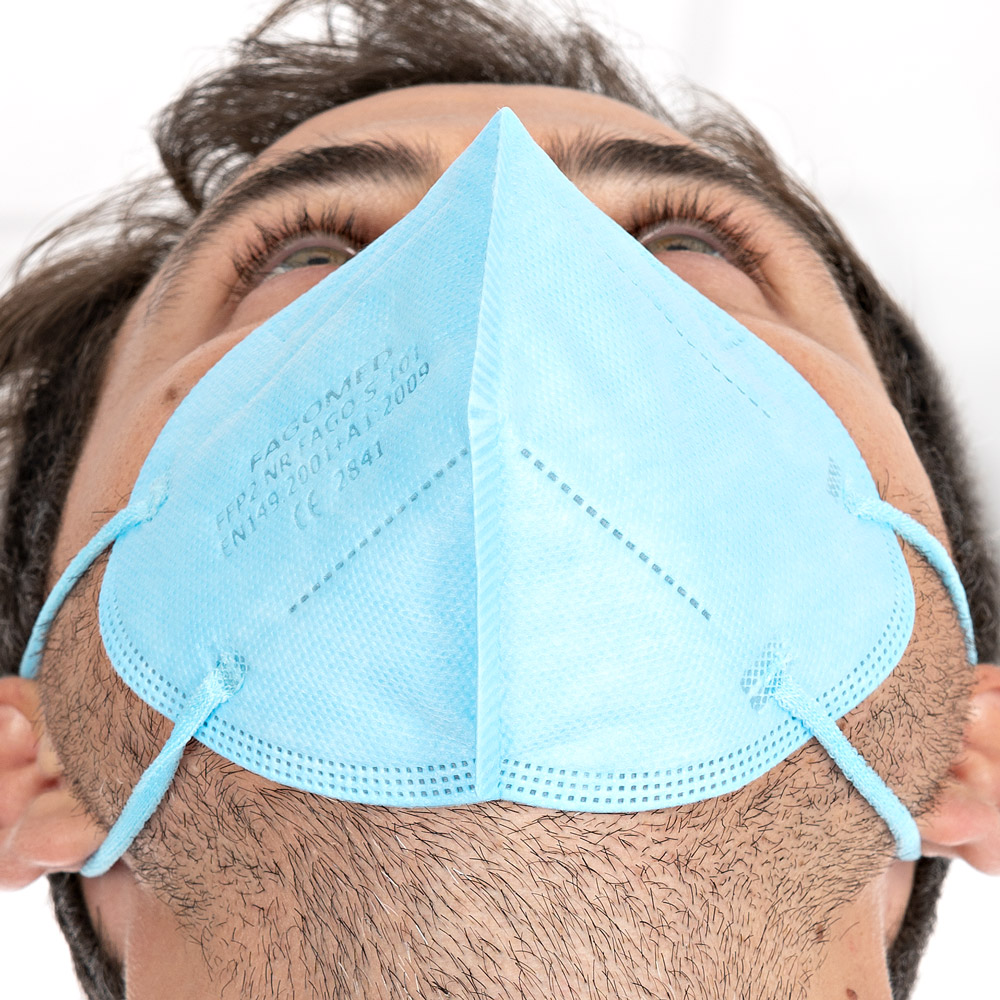 Atemschutzmasken FFP2 NR, vertikal faltbar, Ohrschlaufen aus PP als Kleinpackung in blau in der Unteransicht