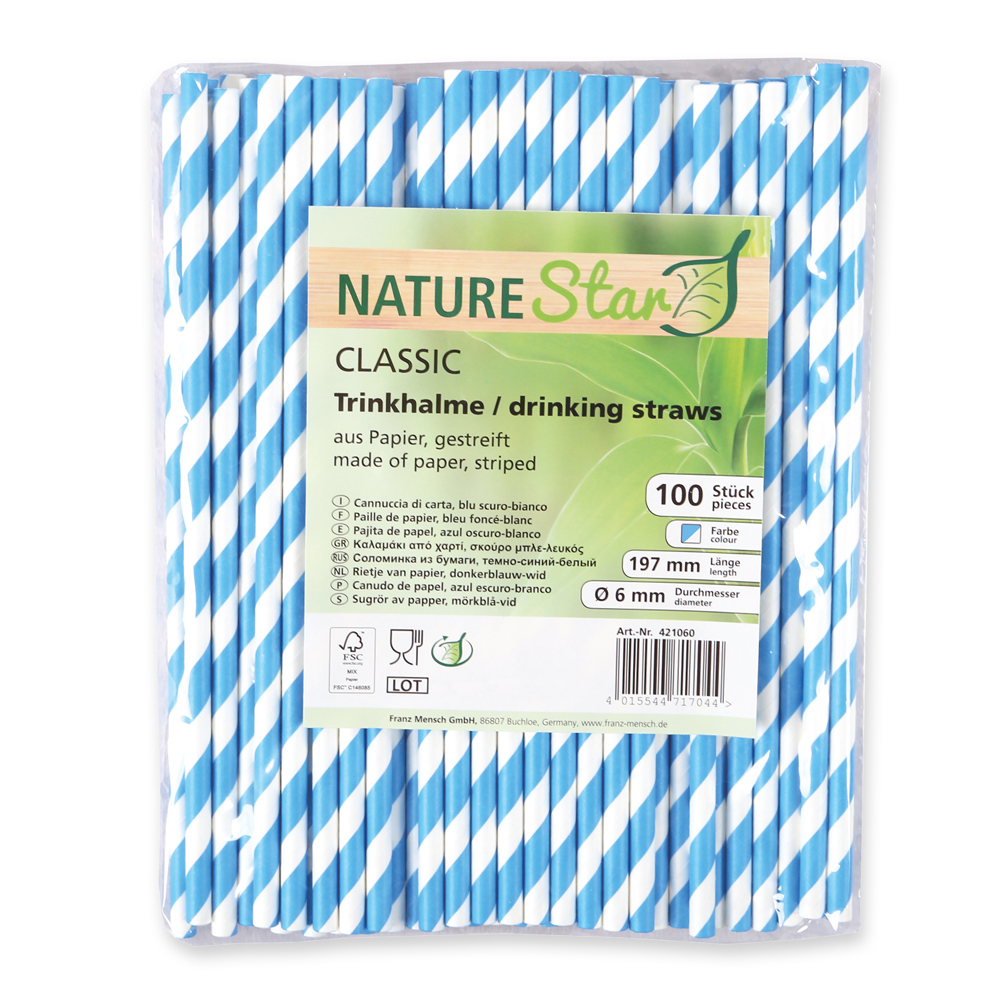 Paper drinking straw "Classic" striped, FSC®-certified, pack, blue