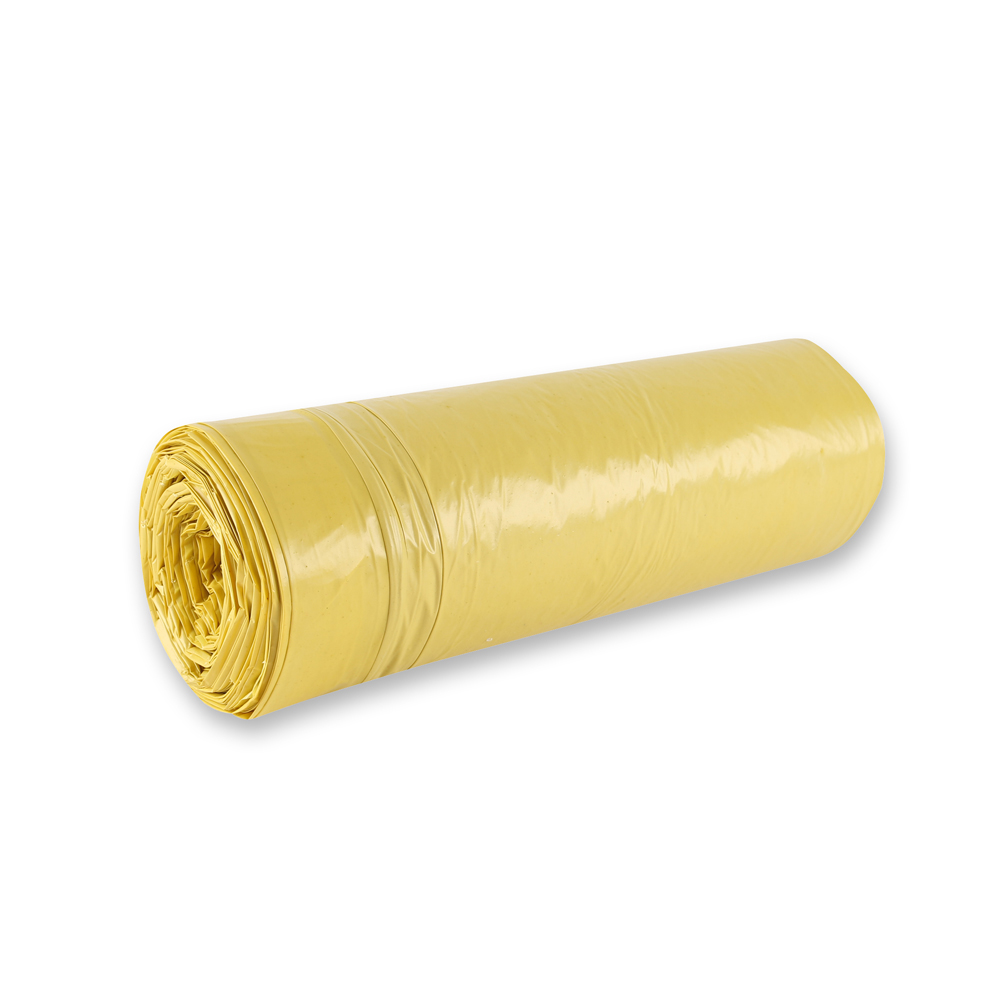 Waste bags with drawstring, 120 l made of LDPE on roll in yellow in the oblique view