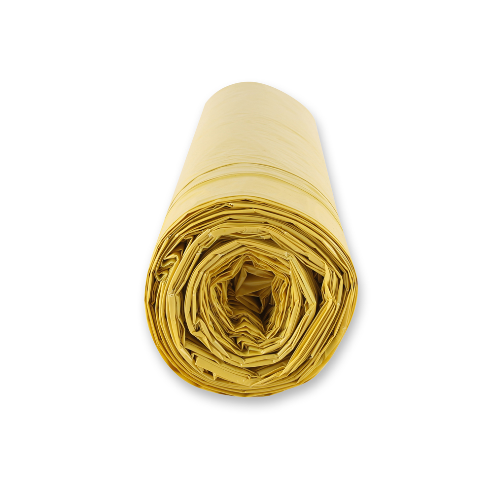 Waste bags with drawstring, 120 l made of LDPE on roll in yellow in the side view