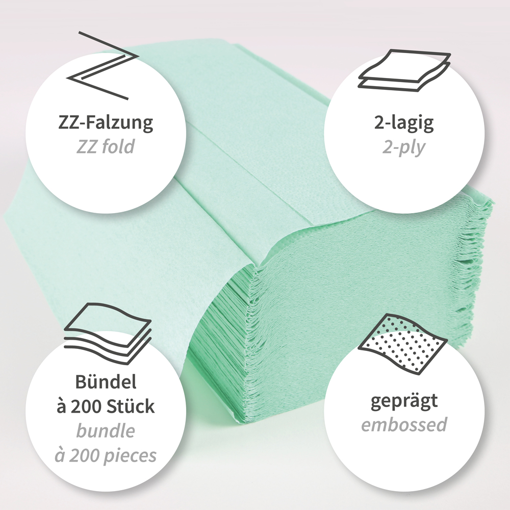 Papierhandtücher, 2-lagig aus Zellulose, V/ZZ-Falzung in grün mit Erklärung