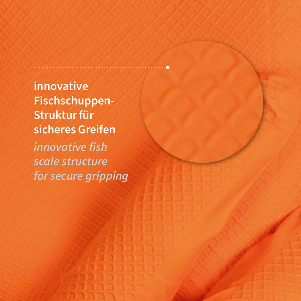 Nitrilhandschuhe Power Grip Long puderfrei in orange mit Fischschuppenstruktur