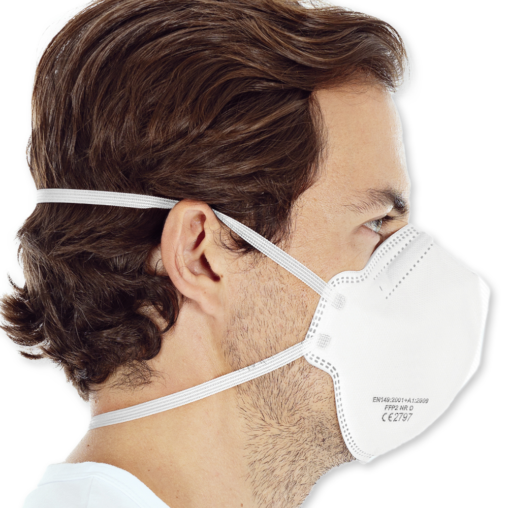 Respirators FFP2 NR with valve vertically foldable made of PP in the side view to the right