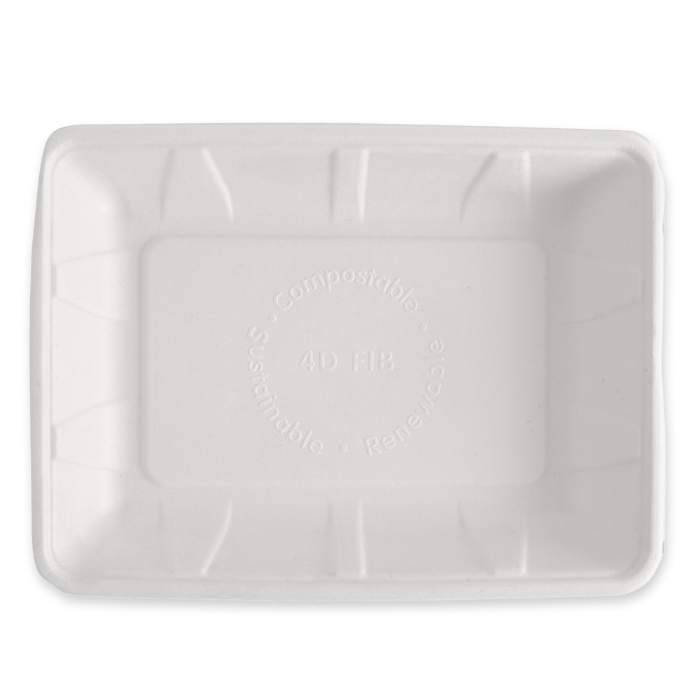 Organic foodtrays, rectangular made of bagasse in white with top view