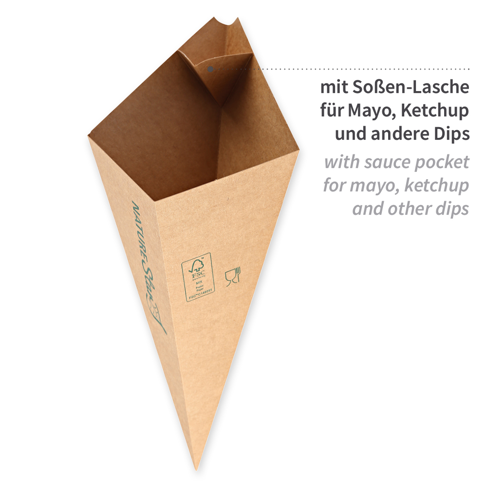 Organic conical bags for fries made of kraft paper/PE, FSC®-mix, properties