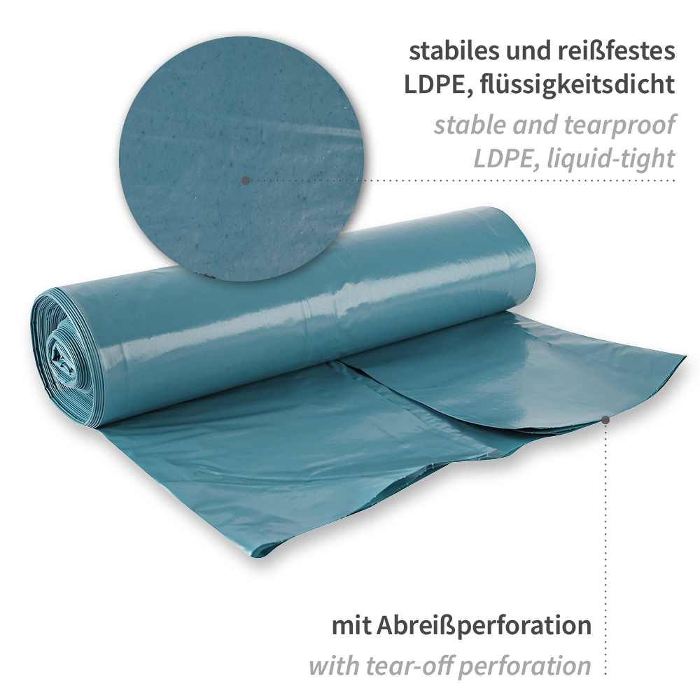 Waste bags Light, 240 l | LDPE, roll, angled view Waste bags Light, 240 l made of LDPE, on roll, angled view