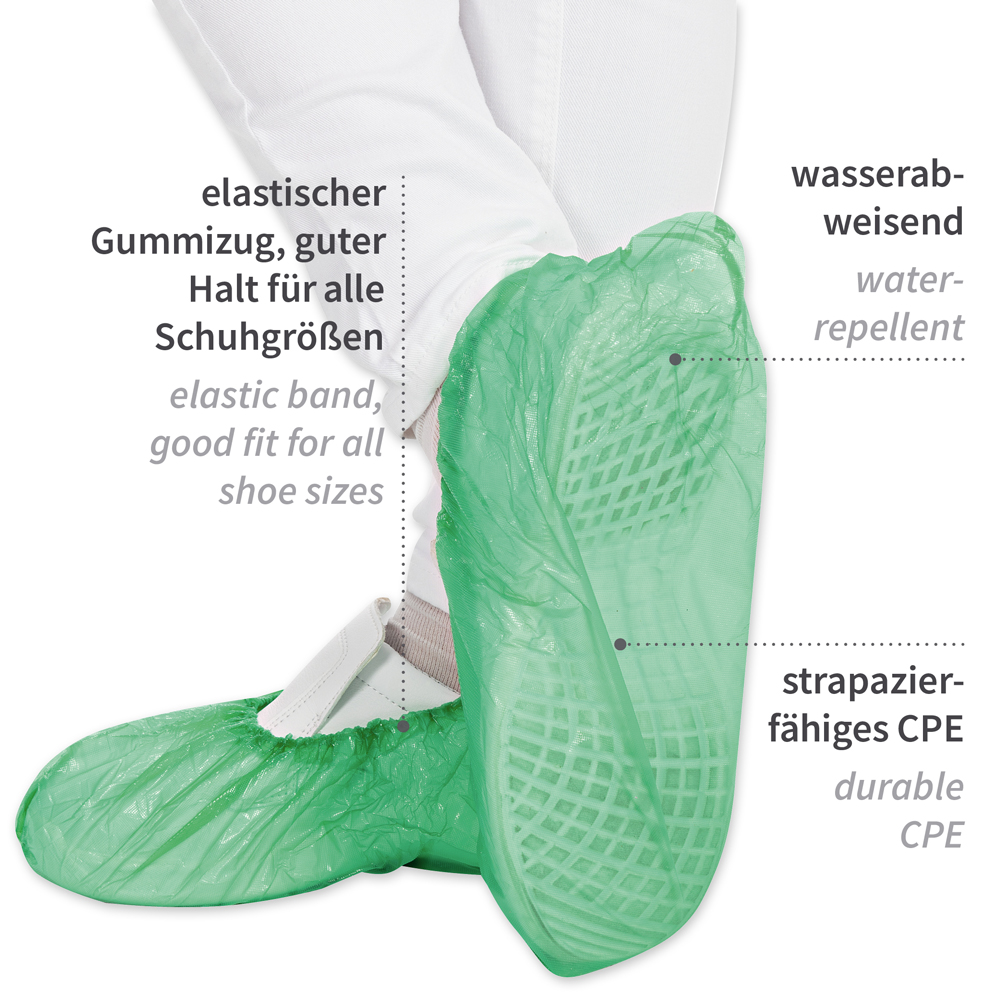 Overshoes from CPE in the front view with description in green