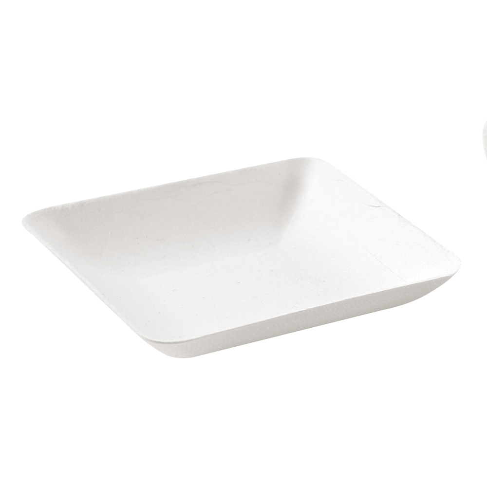 Organic fingerfood trays, square made of bagasse in the oblique view 