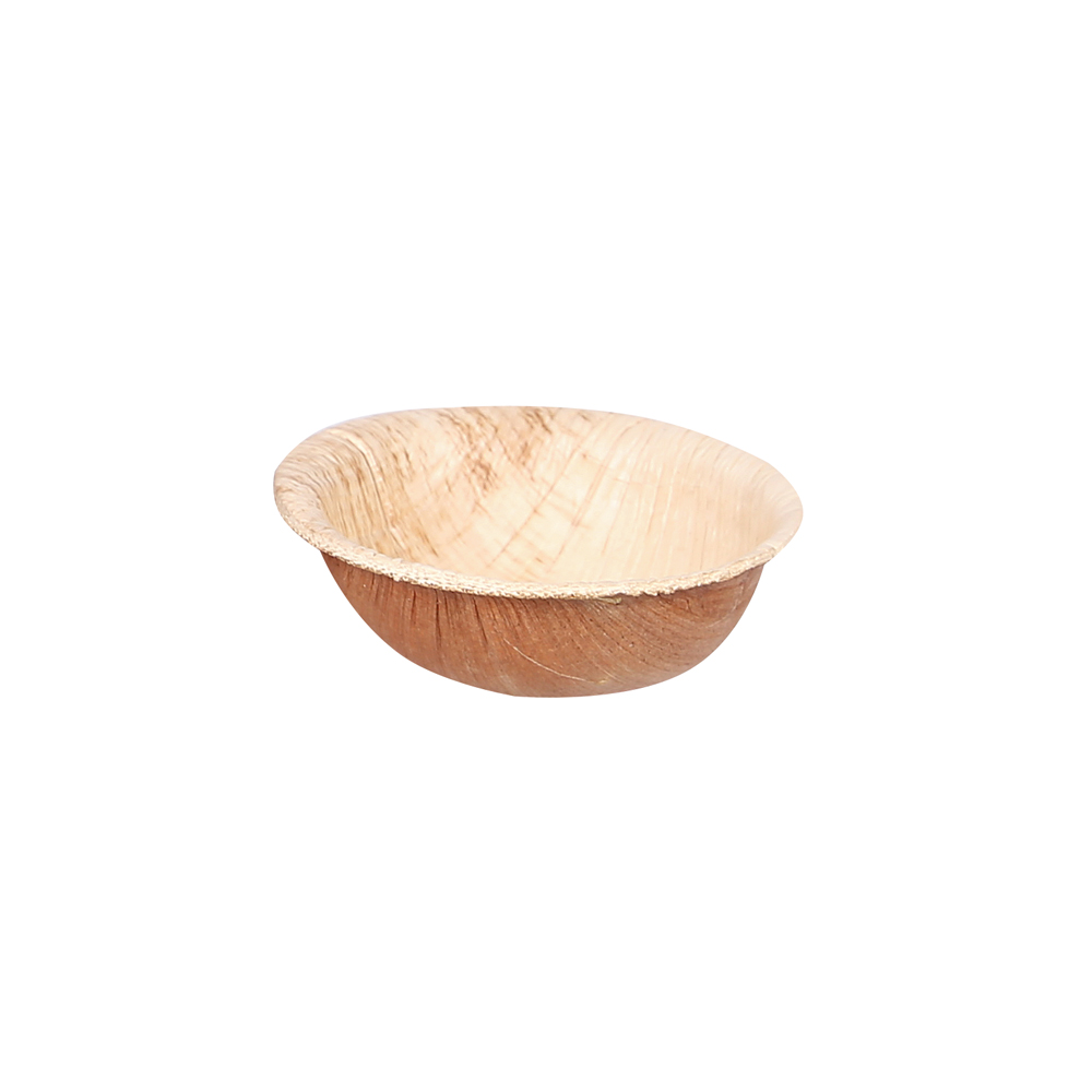 Biodegradable bowl round made of palm leaf with 25ml in the outside view
