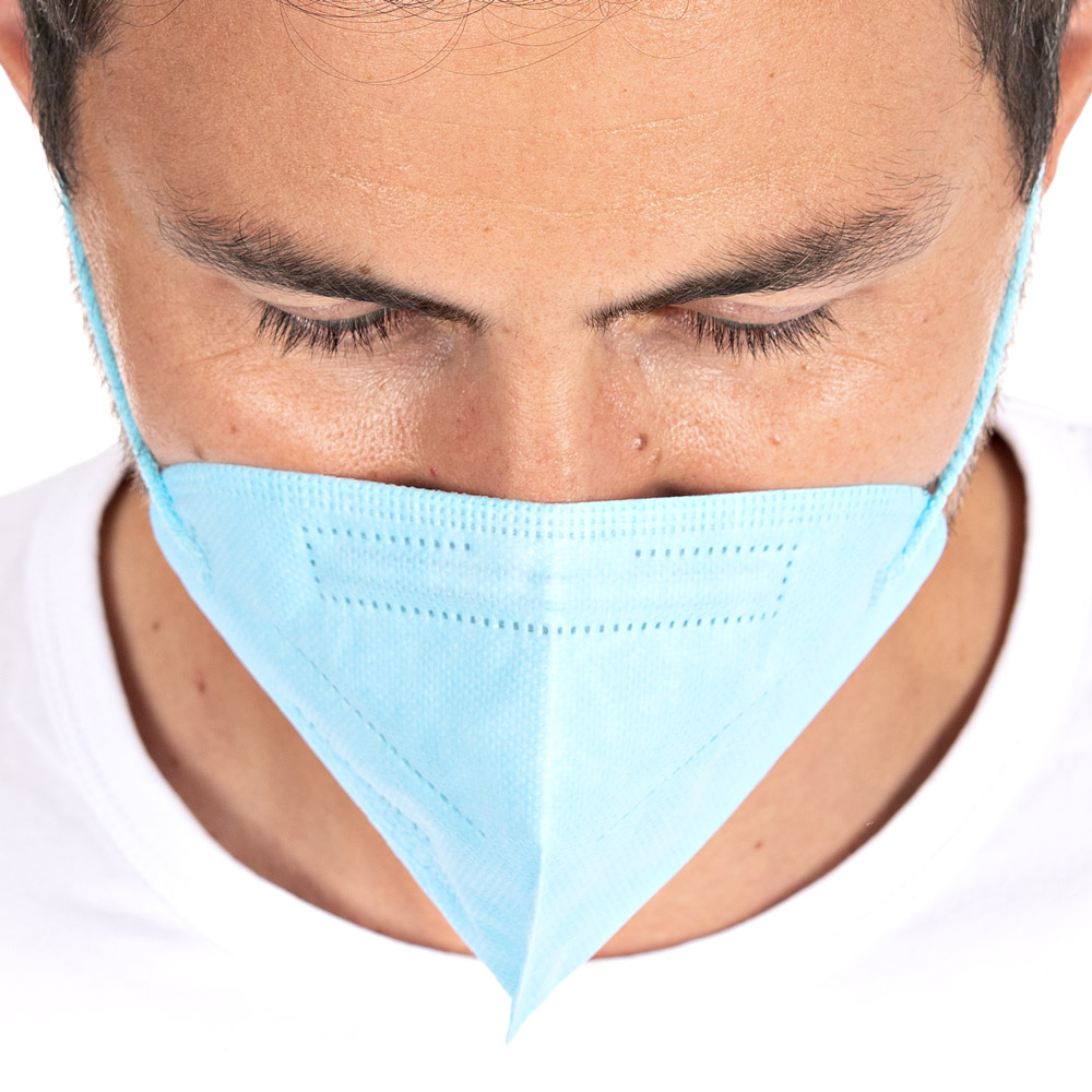 Atemschutzmasken FFP2 NR, vertikal faltbar, Ohrschlaufen aus PP als Kleinpackung in blau in der Draufsicht