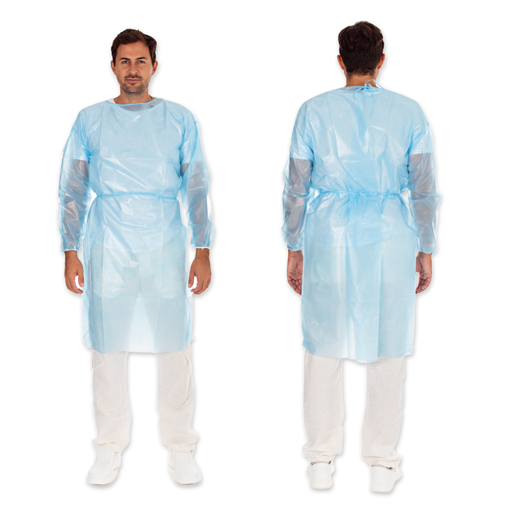 Protective gowns type PB 6B made of PP, PE fully laminated, blue, front and back view
