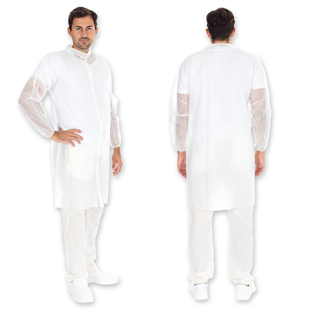 Visitor gowns with velcro made of PP in white in the oblique view