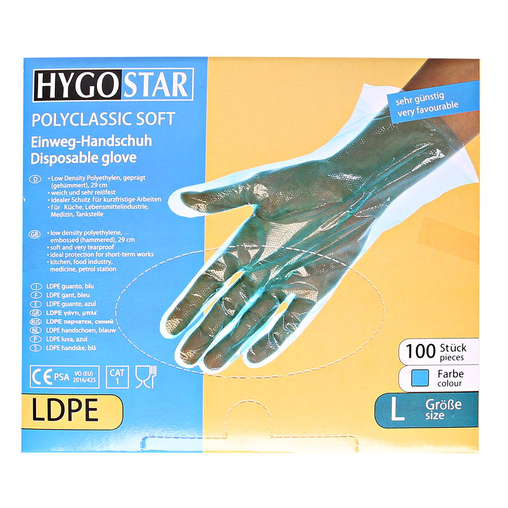 LDPE gloves Polyclassic Soft in blue in the package