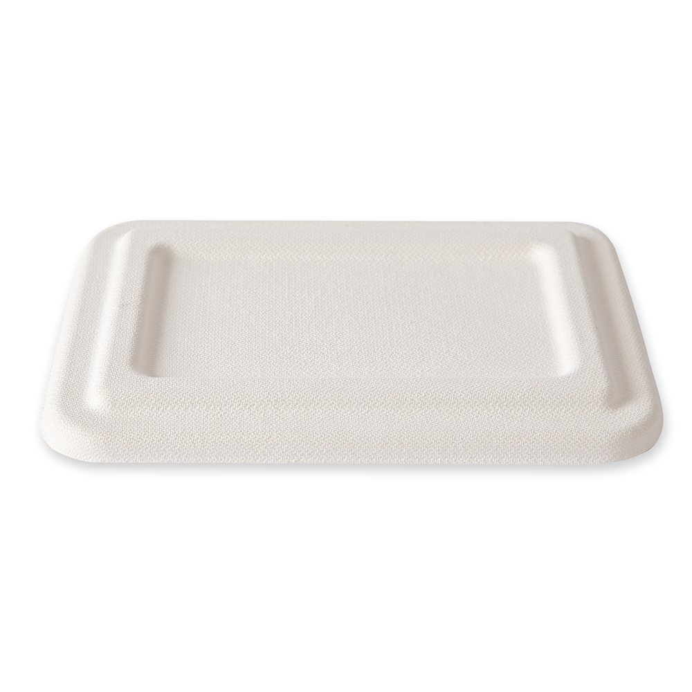 Organic lid for trays with 2 compartments made of bagasse, angled view