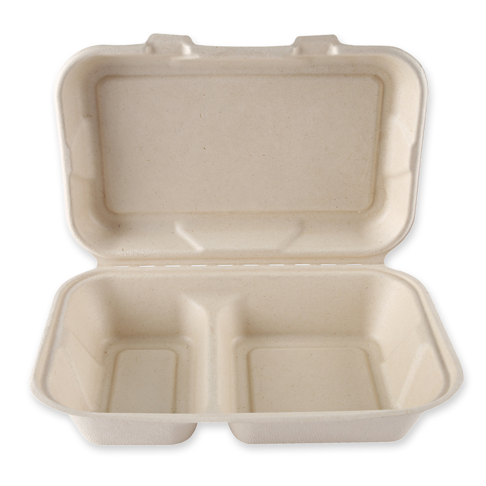 Organic menu boxes with hinged lid, 2-compartments made of bagasse, in the front view