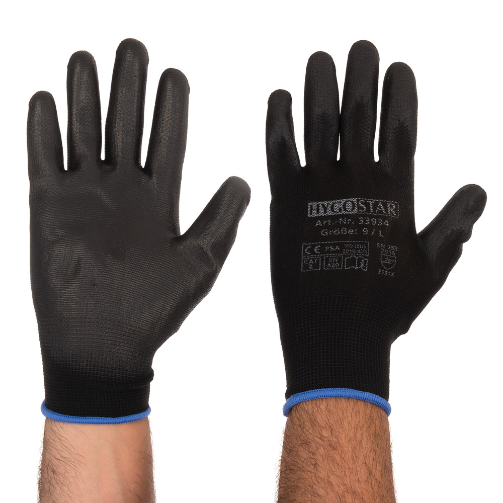 Fine knit gloves Black Ace with PU coating in black  with front side and back side